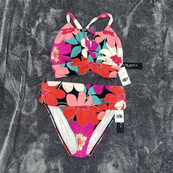 La Blanca Full Bloom Print Midkini Top/Mid Waist Sash Band Tummy Control Bottom - Picture 1 of 4